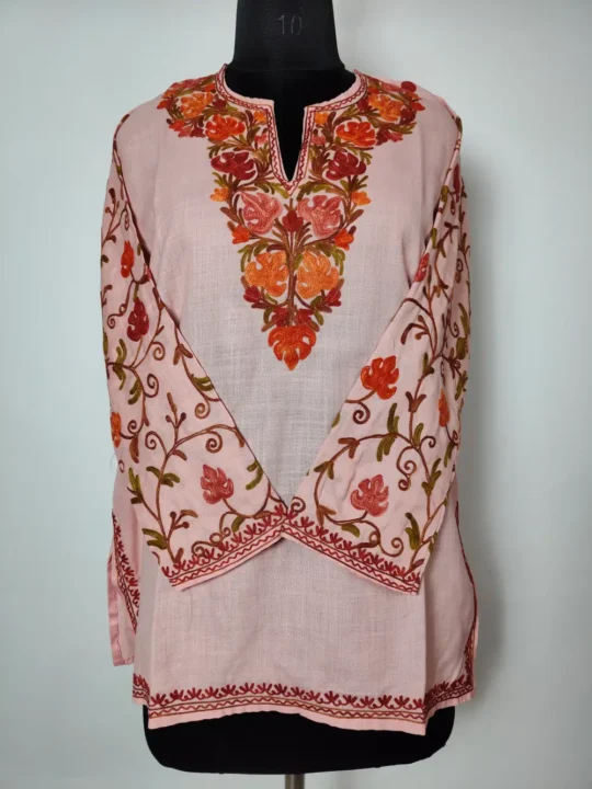 Aari Sleeve Embroidery Pink Short Cotton Mehr Kurti