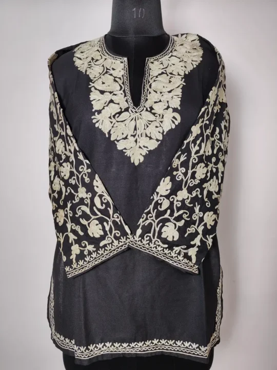 Black Short Cotton Kurti with Aari Sleeve Embroidery