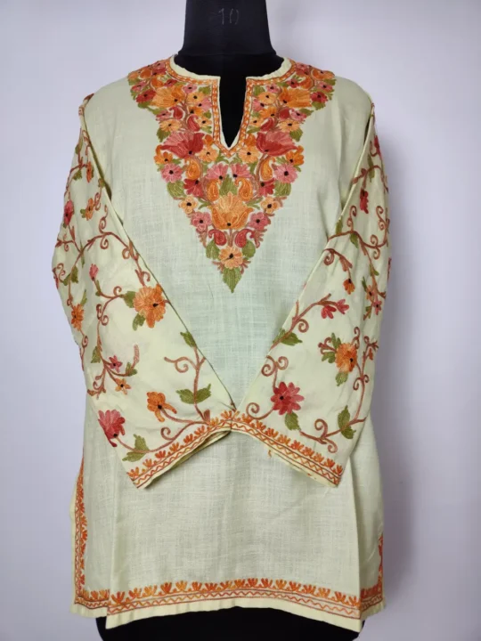 Cream Cotton Sleeve Aari Embroidery Short Kurti