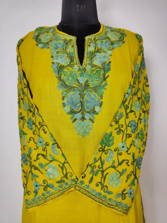 Mustard Aari Cotton Long Kurti with Sleeve Embroidery