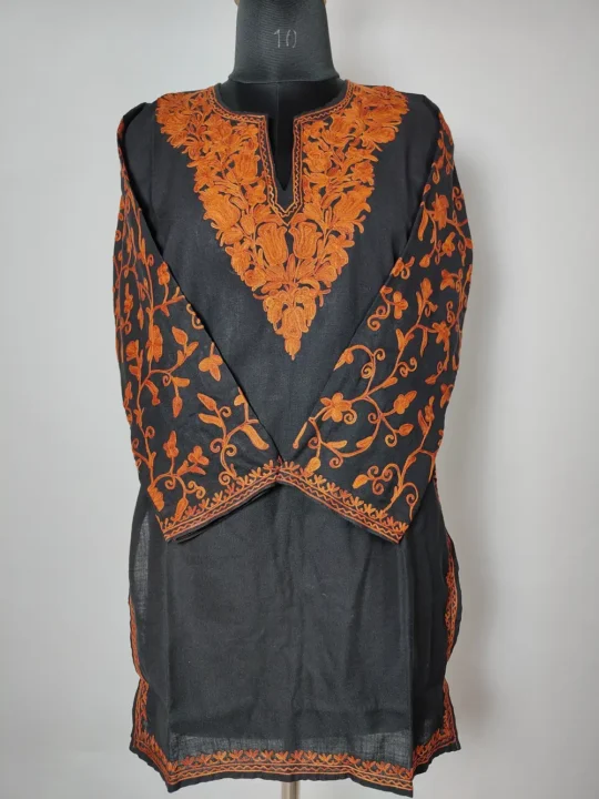 Black Short Cotton Kurti with Sleeve Aari Embroidery