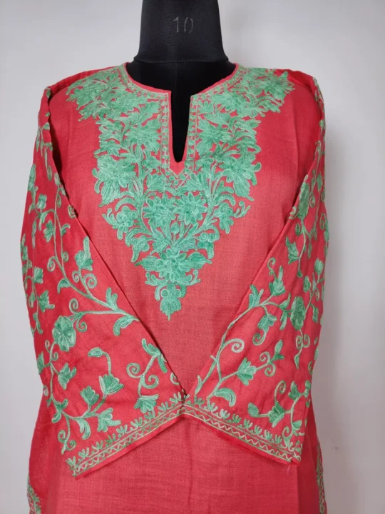 Pink Long Cotton Sleeve Aari Embroidery Kurti