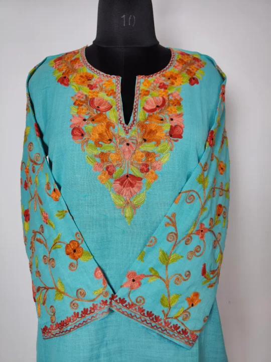 Light Blue Long Aari Cotton Sleeve Work Kurti