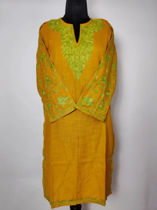 Mustard Cotton Sleeve Aari Embroidery Long Kurti