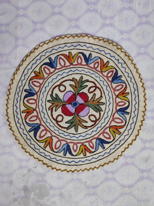 Round Wool Namda Decorated with Hand Aari Embroidery (2 ft)