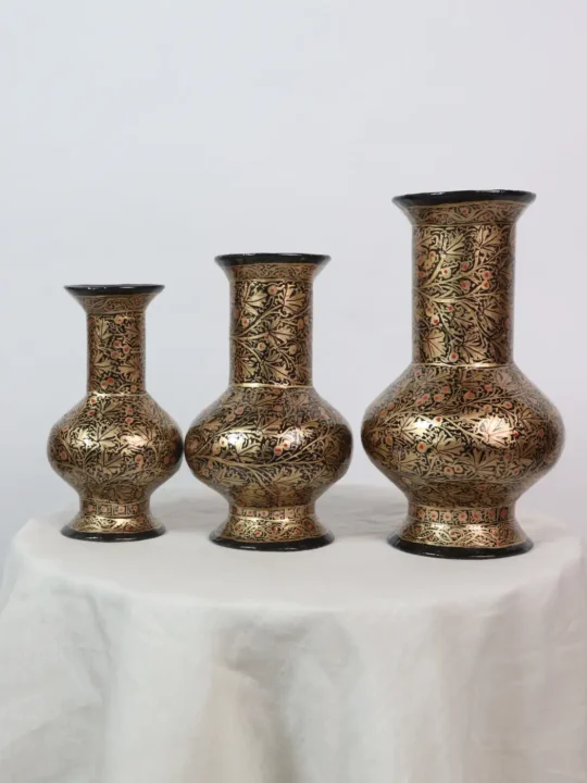 Hand Designed Black Golden Flower Vase - Set of 3 - Kashmiri Phooldan