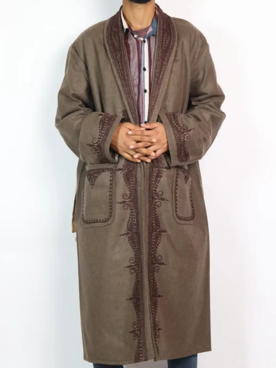 Kashmiri Brown Tweed Men’s Gown | Bathrobe with Brown Hand Aari Work