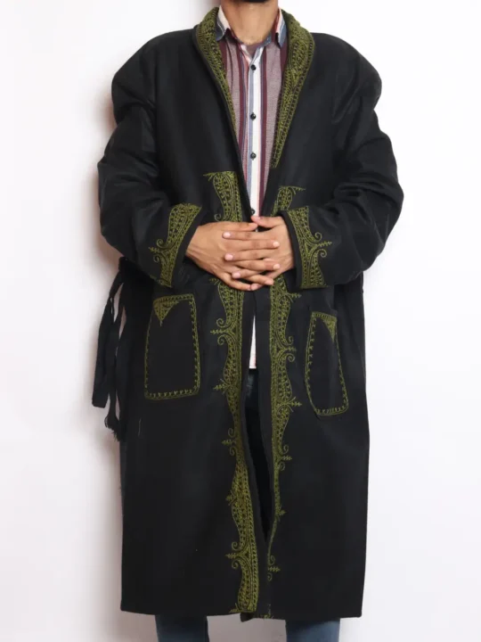 Black Tweed Woolen Hand Aari Embroidery Winter Gown from Kashmir