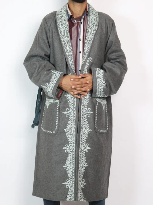 Woolen Men’s Grey Gown | Bathrobe in Tweed With Hand Aari Embroidery