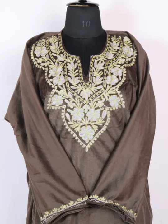 Chocolate Brown Nargis Pheran in Velvet with Aari and Zari Embroidery