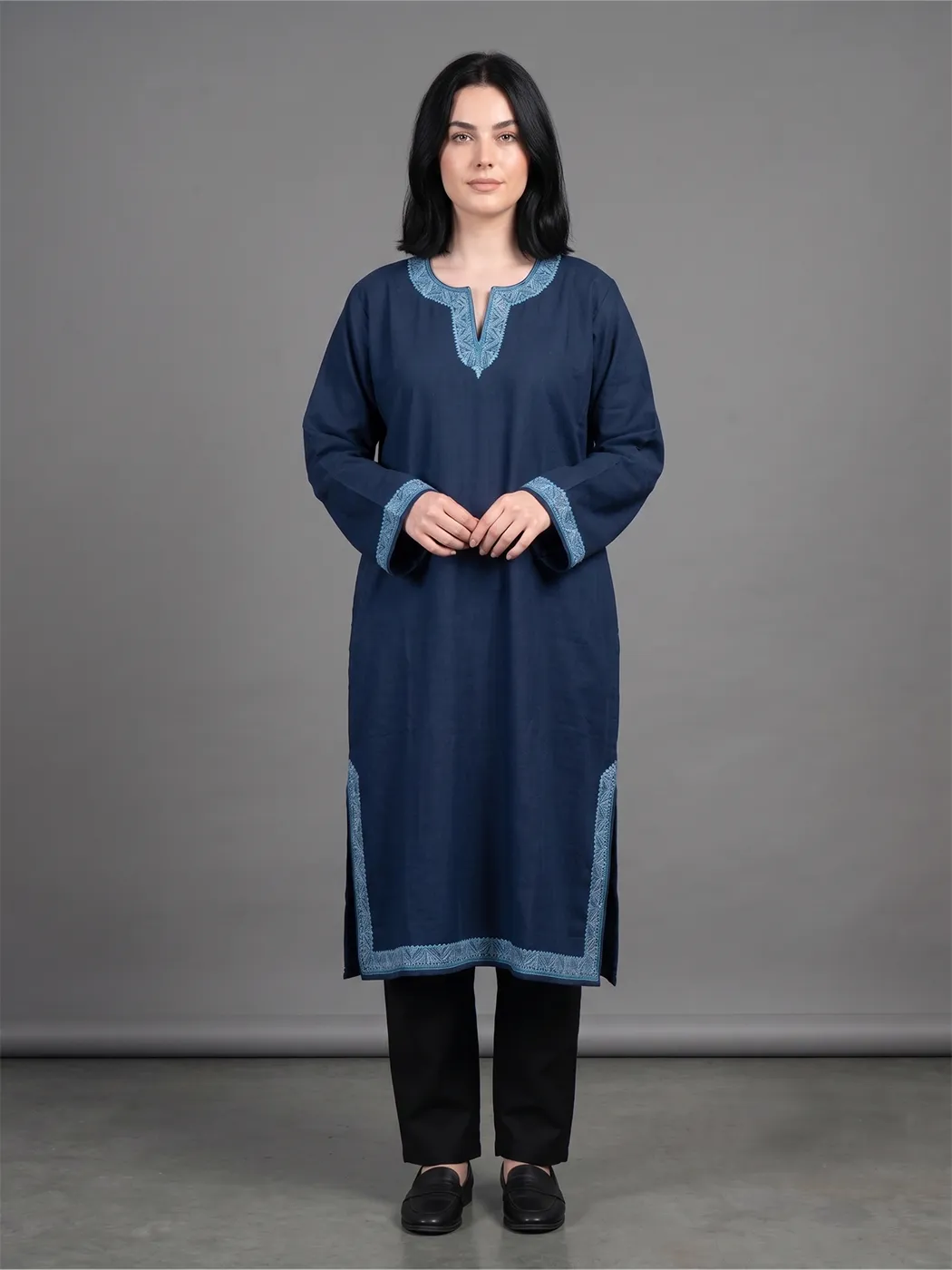 Pheran for Women | Midnight Blue Raffal Wool with Hand Aari Embroidery