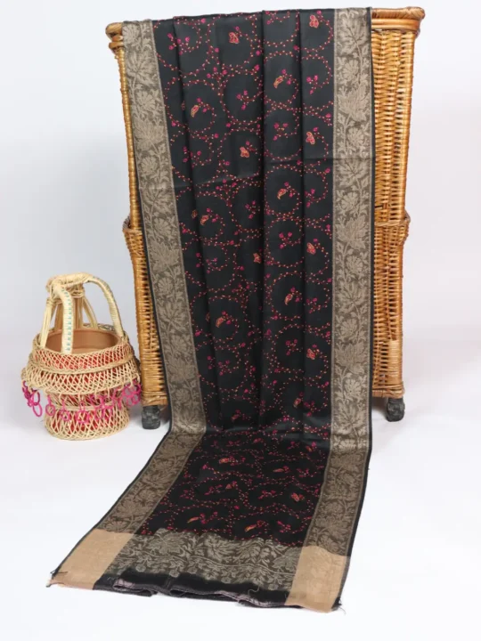 Black Polywool Hand Sozni Embroidery Shawl for Women
