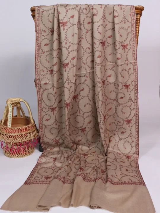 Beige Polywool Hand Sozni Embroidery Shawl for Women