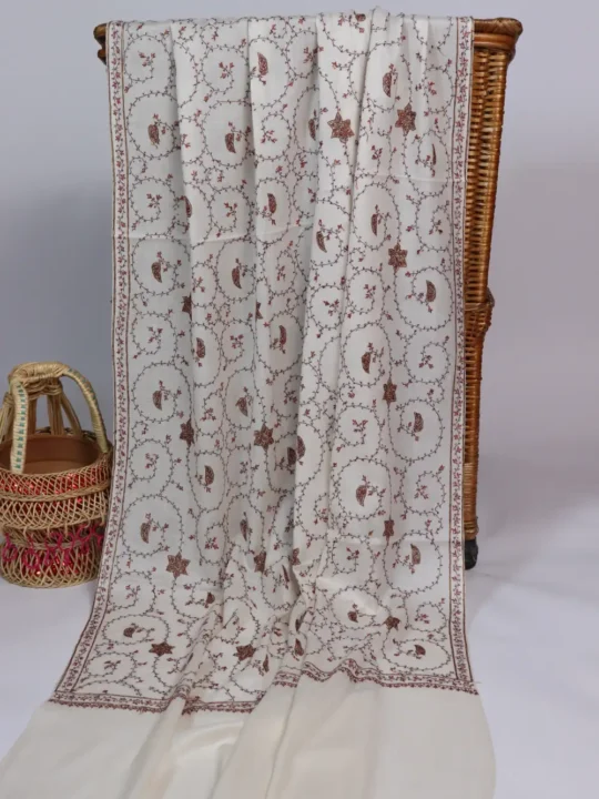 White Polywool Hand Sozni Embroidery Shawl for Women