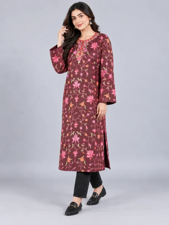 Raffal Wool Wine Jaal Hand Aari Work Pheran