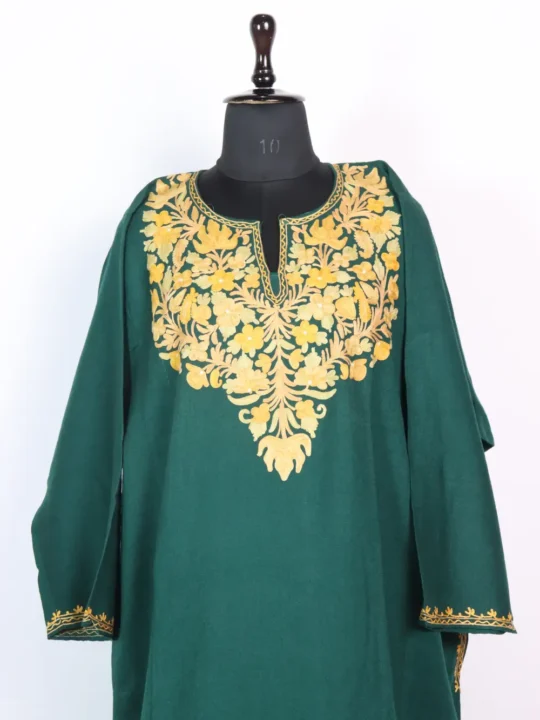 Saeeda Raffal Wool Aari Embroidery Dark Green Pheran for Women