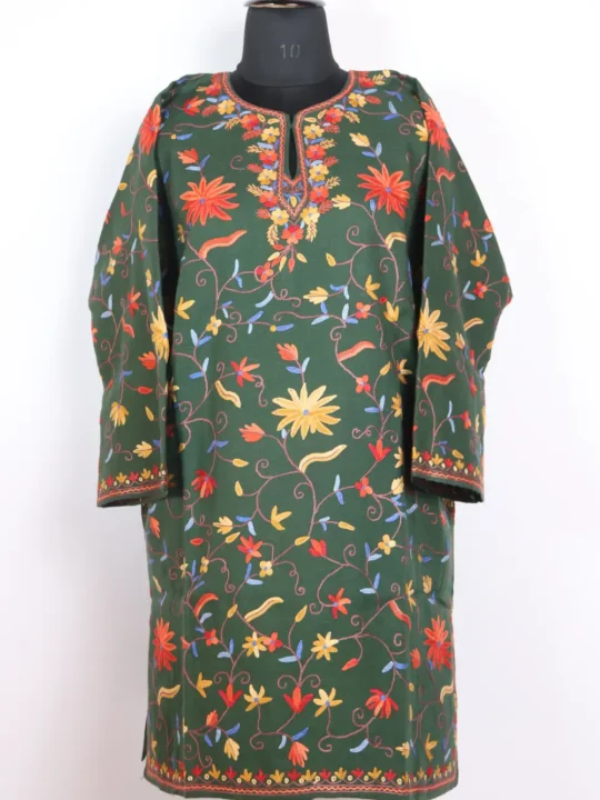 Raffal Wool Hand Jaal Aari Embroidery Green Pheran