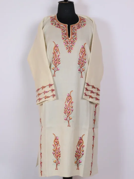 Raffal Wool Cream Pheran with Hand Aari Work