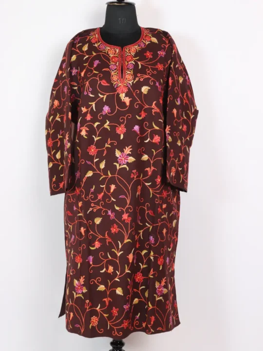 Wine Raffal Wool Jaal Hand Aari Embroidery Pheran