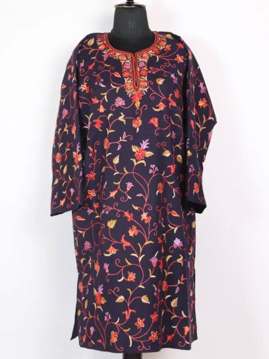 Raffal Wool Hand Aari Work Dark Blue Pheran