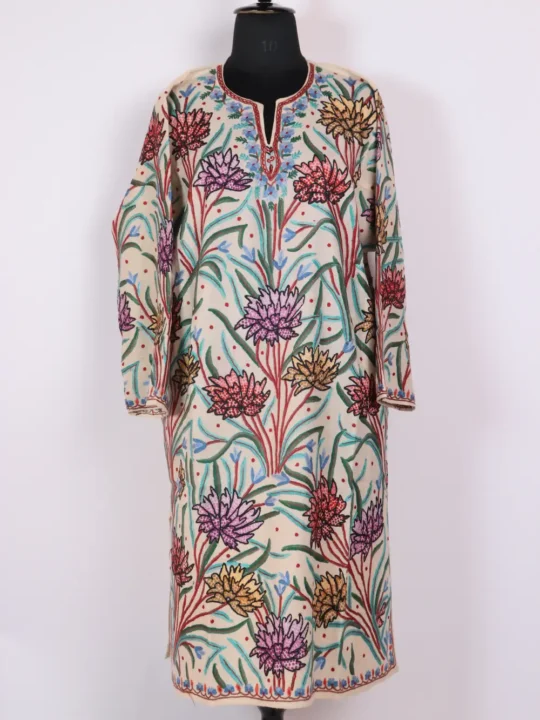 Raffal Wool Aari Embroidery Luxe and Jama Handcrafted White Pheran