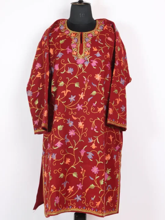 Raffal Wool Hand Aari Embroidery Maroon Pheran