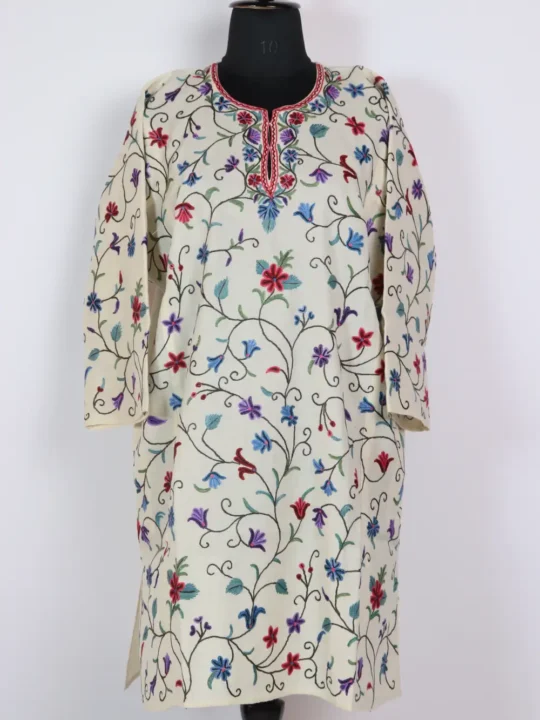 Raffal Wool White Hand Aari Embroidery Pheran