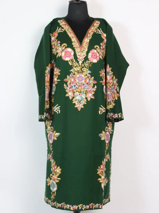 Raffal Wool Hand Aari Embroidery Dark Green Pheran