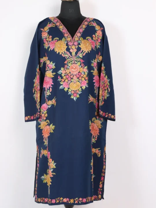 Blue Raffal Wool Pheran with Hand Aari Work
