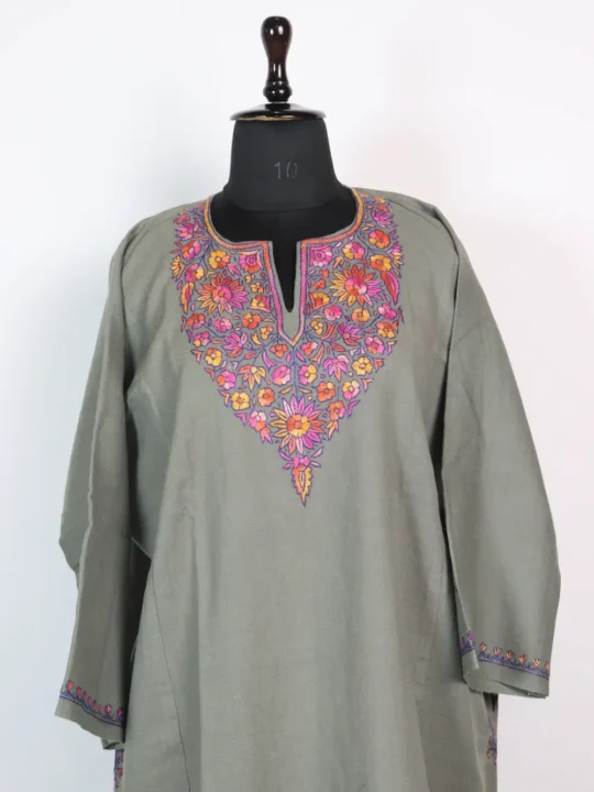 Raffal Wool Kashmiri Grey Pheran with Hand Sozni and Paper Machie Work
