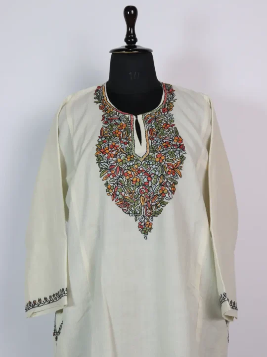 Kashmiri Raffal Wool Hand Sozni and Paper Machie Work Cream Pheran