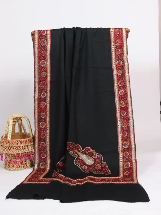 Black Toosha Shawl with Tilla and Hand Sozni Embroidery