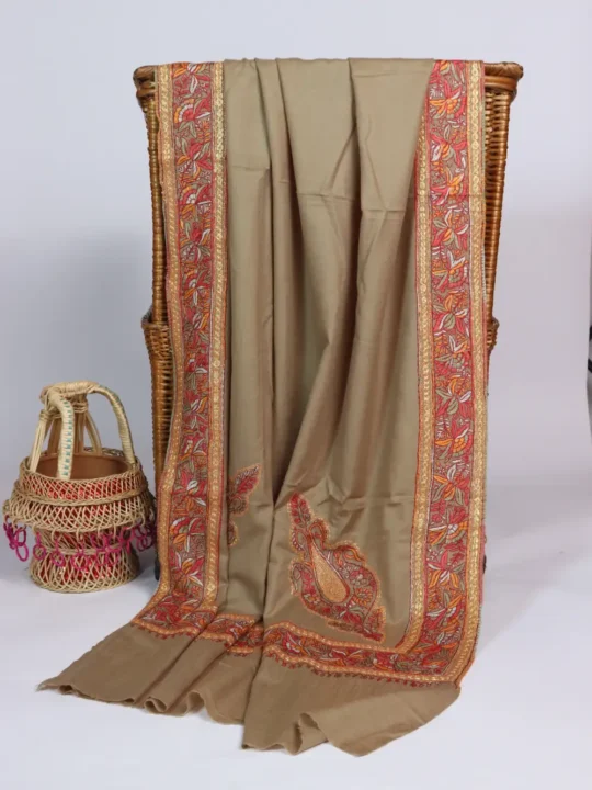 Beige Toosha Shawl with Tilla and Hand Sozni Embroidery