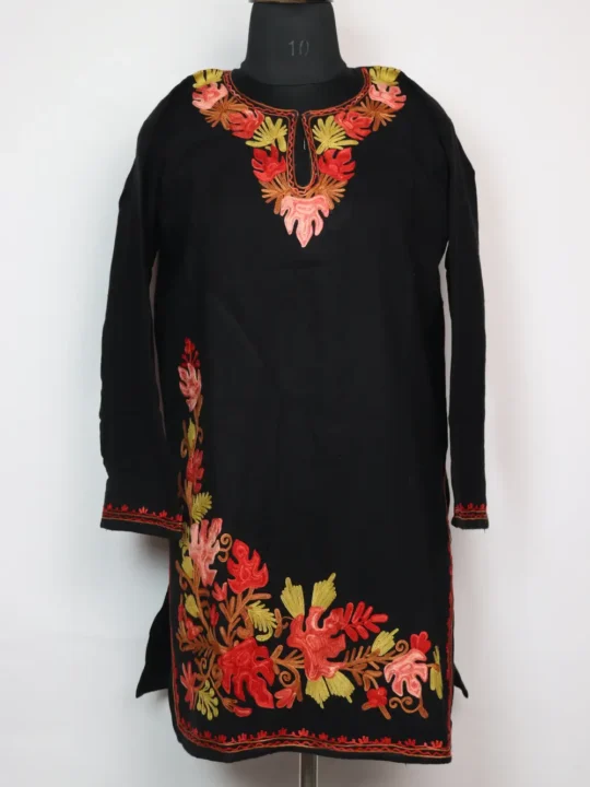 Black Long Kurti in Cashmilon Wool with Chinar Aari Embroidery