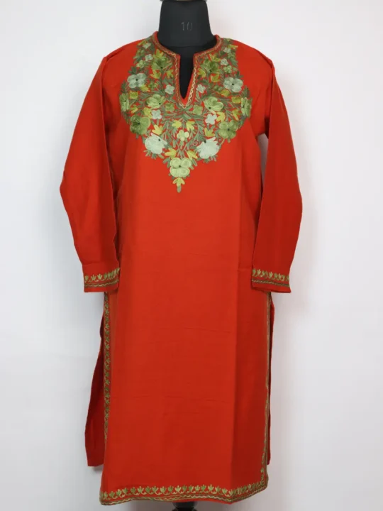 Neem Long Rust Kurti in Cashmilon Wool with Aari Embroidery