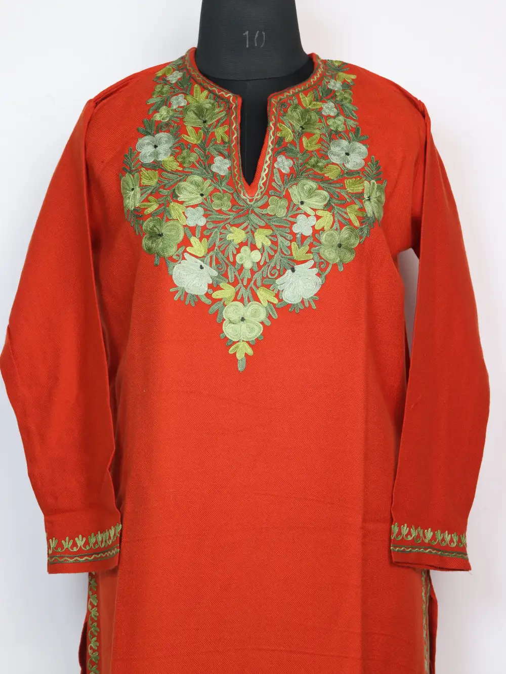 Neem Long Rust Kurti in Cashmilon Wool with Aari Embroidery - Image 2