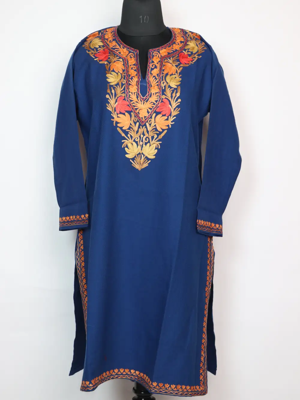 Blue Long Maheen Kurti in Cashmilon Wool with Aari Embroidery