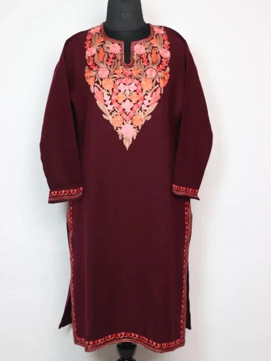 Wine Zubeed Long Kurti in Cashmilon Wool with Aari Embroidery