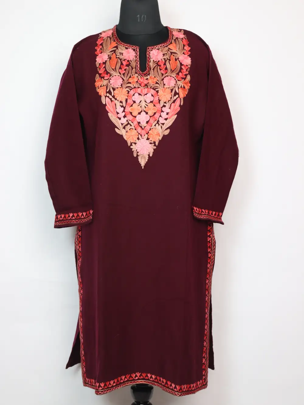 Wine Zubeed Long Kurti in Cashmilon Wool with Aari Embroidery