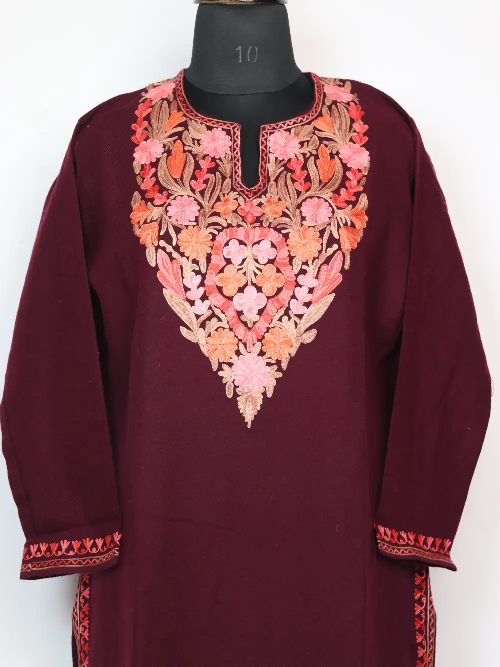 Wine Zubeed Long Kurti in Cashmilon Wool with Aari Embroidery - Image 2