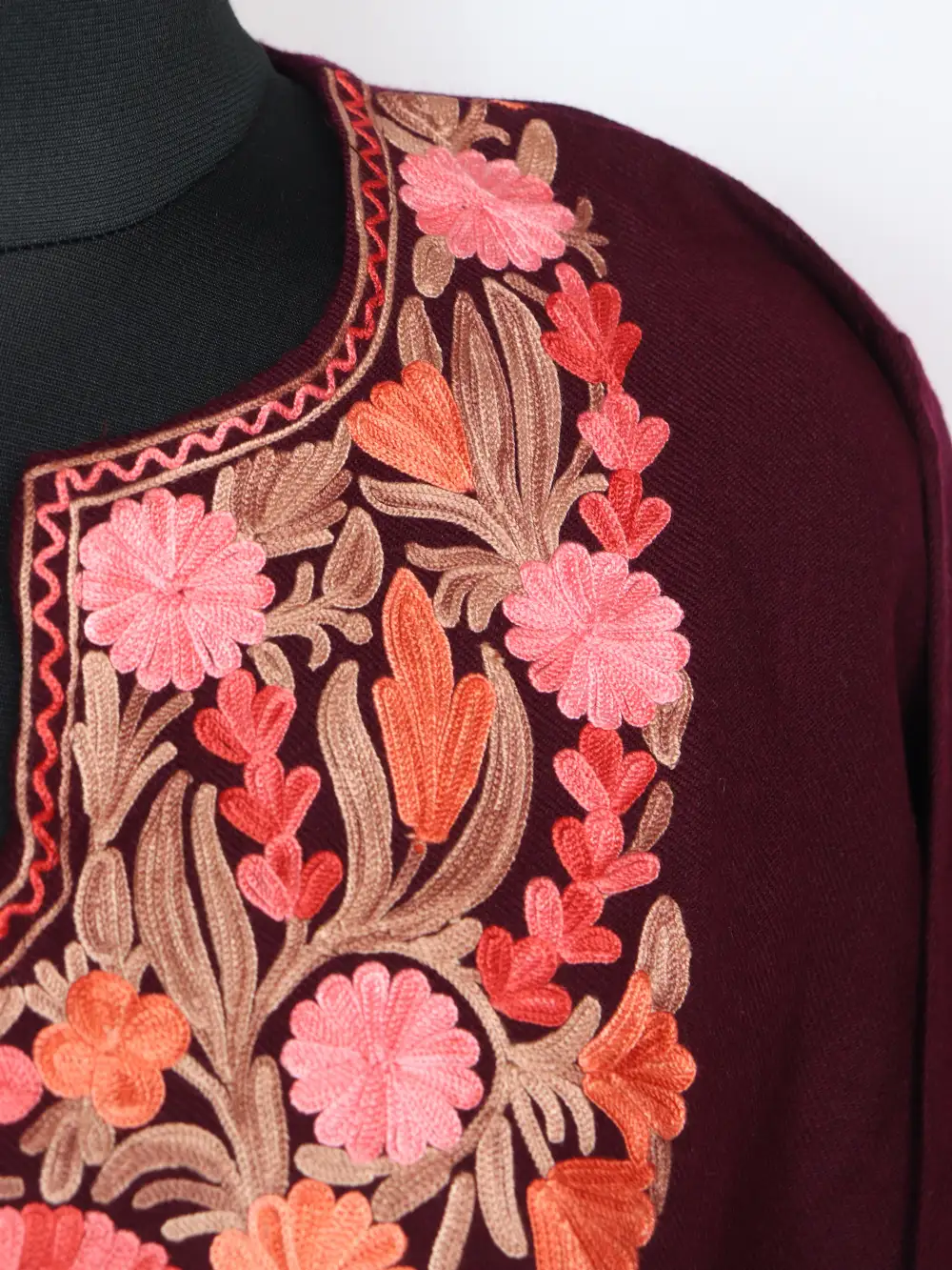 Wine Zubeed Long Kurti in Cashmilon Wool with Aari Embroidery - Image 3