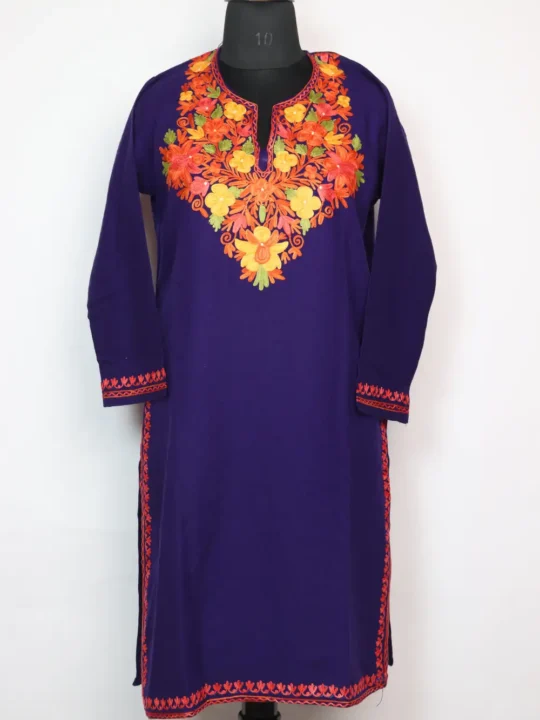 Royal Blue Cashmilon Wool Rukshan Long Kurti with Aari Embroidery