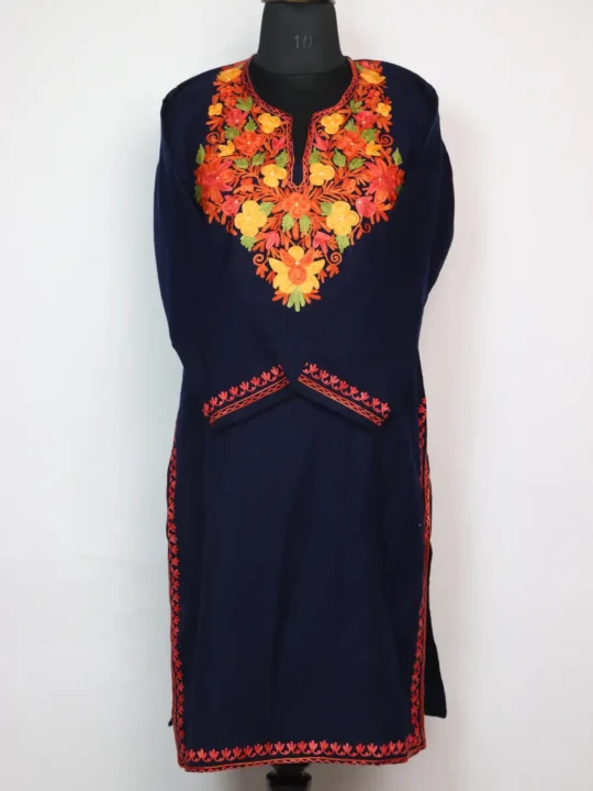 Navy Blue Cashmilon Wool Rukshan Long Kurti with Aari Embroidery
