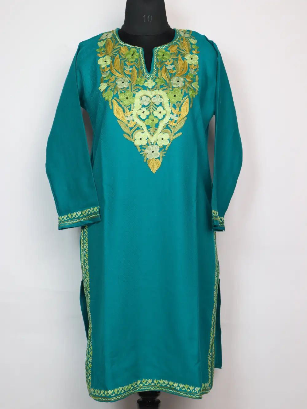 Cashmilon Wool Asman Long Sea Green Kurti with Aari Embroidery