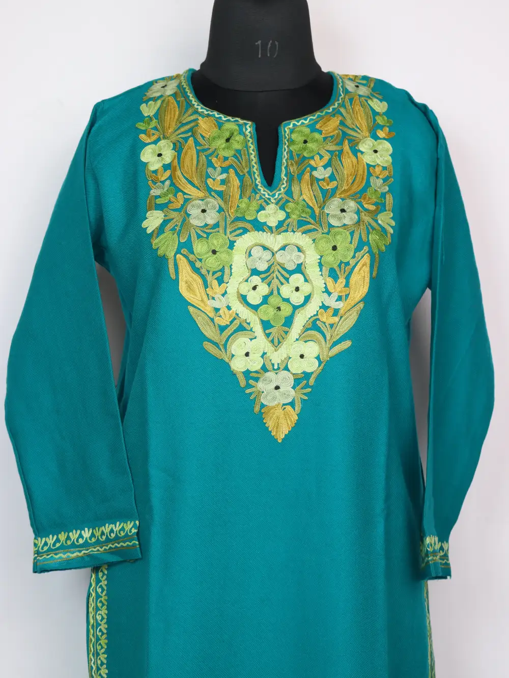 Cashmilon Wool Asman Long Teal Blue Kurti with Aari Embroidery - Image 2
