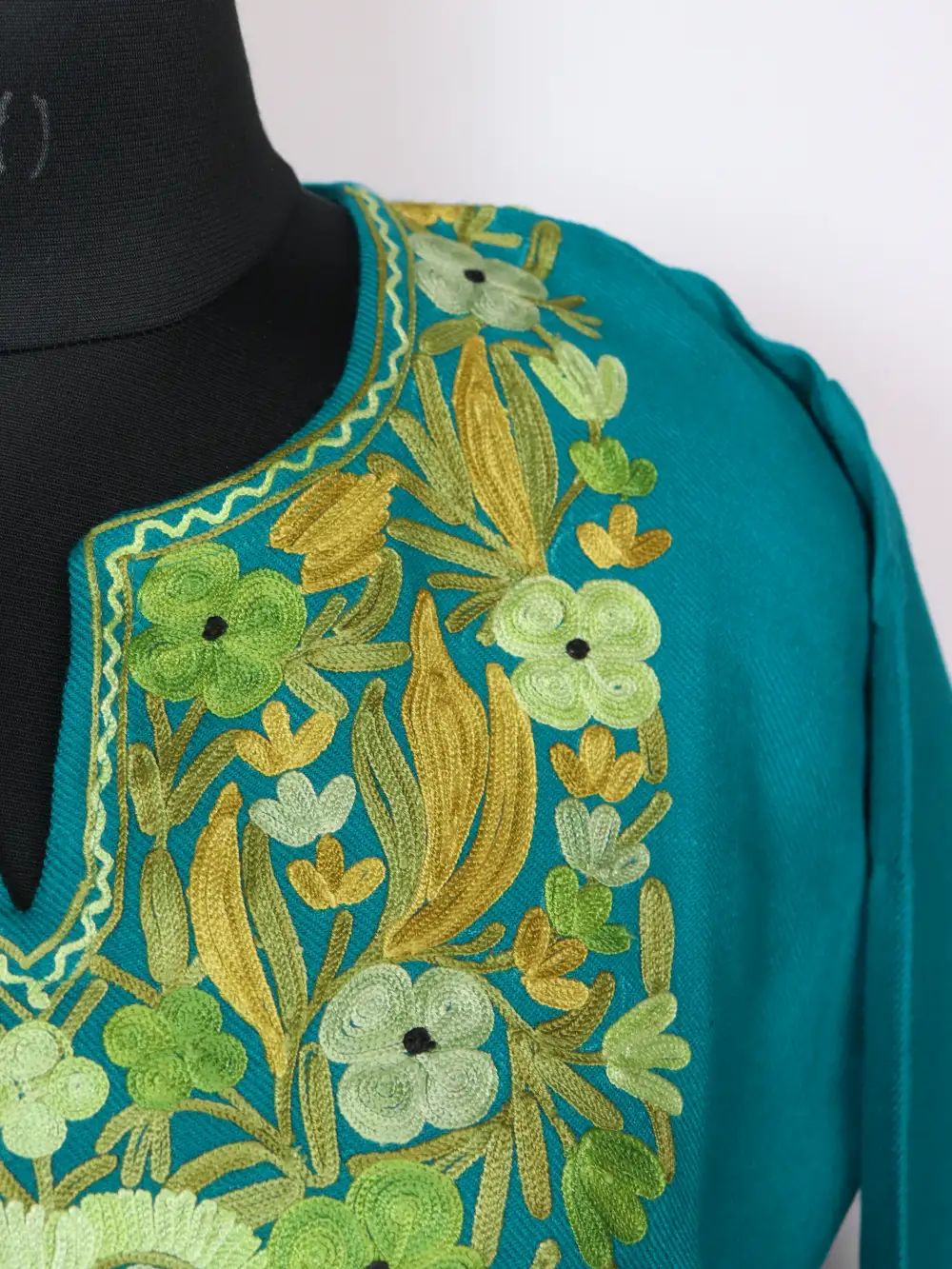 Cashmilon Wool Asman Long Teal Blue Kurti with Aari Embroidery - Image 3