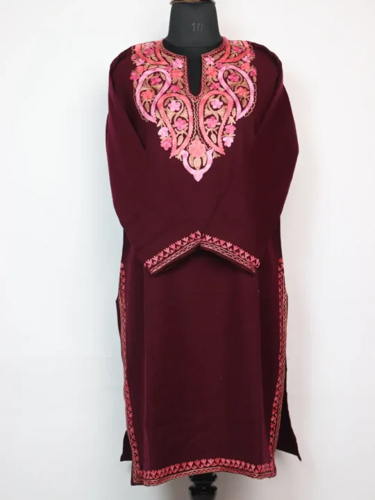 Zainab Cashmilon Wool Wine Long Kurti with Aari Embroidery