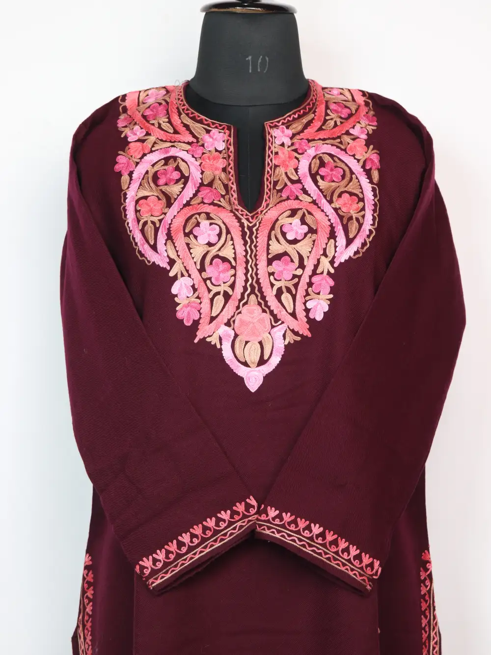 Zainab Cashmilon Wool Wine Long Kurti with Aari Embroidery - Image 2