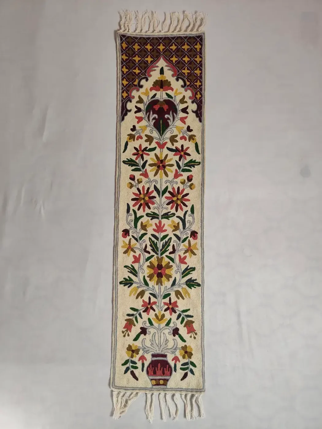 Cream Kashmiri Runner Flower Pot Chain Stitch Embroidered 4Feet - Image 2