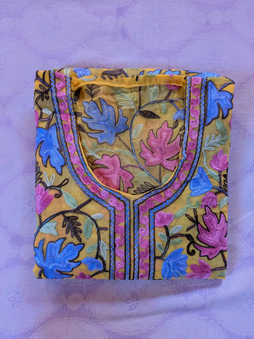 Georgette Mustard Short Kurti Inaya Chinar Front Back Aari Work - Image 3
